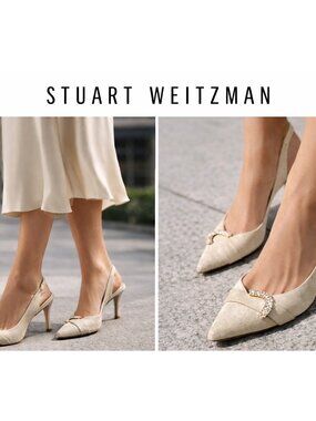 Stuart Weitzman Slingback Heels Beige Suede Rhinestone Buckle Pointed Toe US 8 M